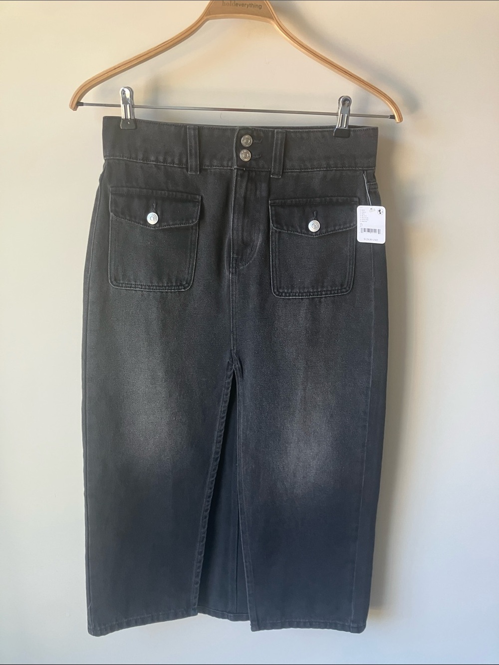 WE THE FREE Madison Denim Midi Skirt Faded Black High Front Slit Size 27 NWT